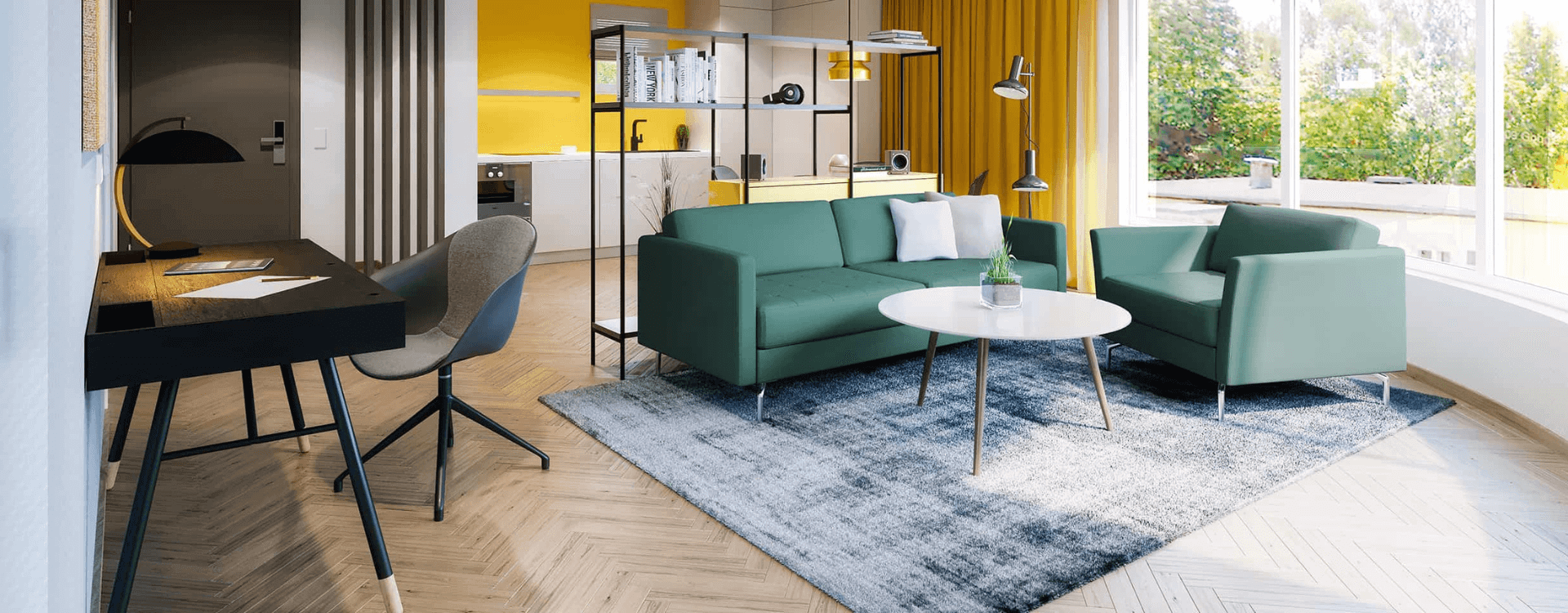 Mikroapartment mit direktem Wohn- und Küchenbereich und modern eingerichteten Möbeln