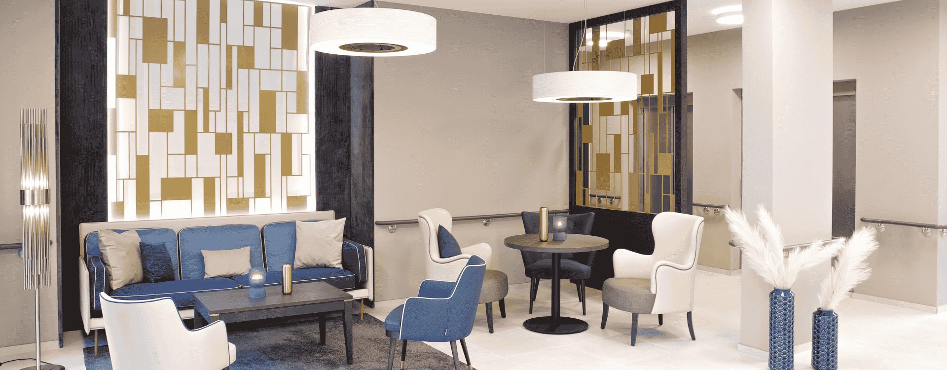 Moderne Einrichtung in blau eines Foyers einer Pflegeeinrichtung