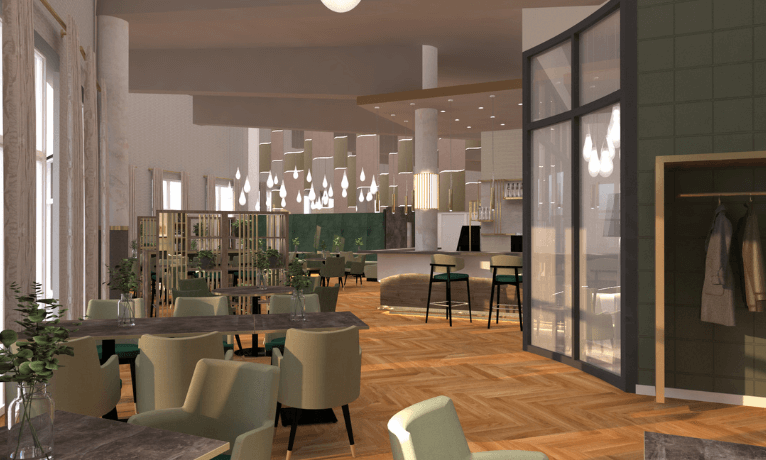 CARELINE Innenraumplanung Objekteinrichtung: Visualisierung eines Restaurantbereichs